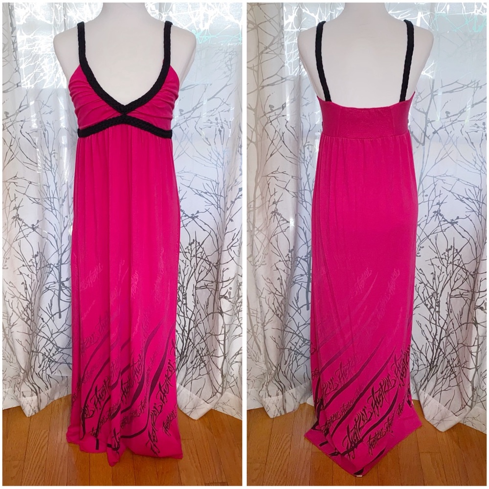 Vintage hustler Hollywood pink black thin straps sleeveless v-neck maxi dress